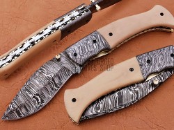 Damascus Folding Knife, 8" Damascus Steel Bolster Point Blade, Camel Bone Handle, Pocket Knife, Razor Sharp