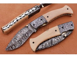 Damascus Folding Knife, 8" Damascus Steel Bolster Point Blade, Camel Bone Handle, Pocket Knife, Razor Sharp