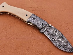 Damascus Folding Knife, 8" Damascus Steel Bolster Point Blade, Camel Bone Handle, Pocket Knife, Razor Sharp