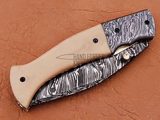 Damascus Folding Knife, 8" Damascus Steel Bolster Point Blade, Camel Bone Handle, Pocket Knife, Razor Sharp