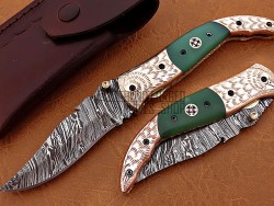 Damascus Folding Knife, 8" Handwork Brass Bolster Point Blade, Green G10 Handle, Pocket Knife, Razor Sharp