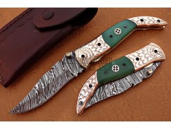 Damascus Folding Knife, 8" Handwork Brass Bolster Point Blade, Green G10 Handle, Pocket Knife, Razor Sharp