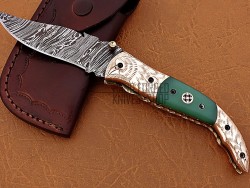 Damascus Folding Knife, 8" Handwork Brass Bolster Point Blade, Green G10 Handle, Pocket Knife, Razor Sharp