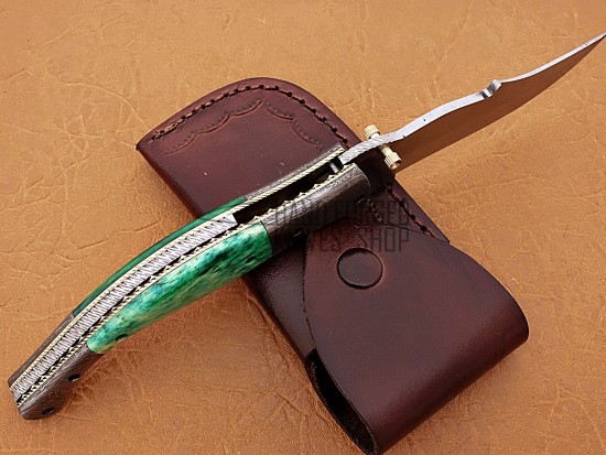 D2 Steel Folding Knife, 9" Damascus Steel Bolster Point Blade, Green Color Bone Handle, Pocket Knife, Razor Sharp