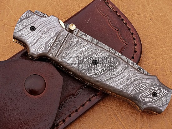 Damascus Folding Knife, 7.5" Damascus Steel Bolster Point Blade, Damascus Handle, Pocket Knife, Razor Sharp