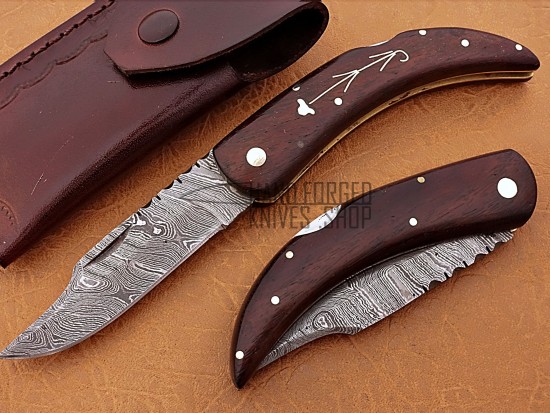 Damascus Folding Knife, 7.5" Brass Work On The Handle, Wood Handle, Pocket Knife, Razor Sharp