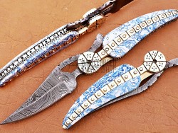 Damascus Leaf Folding Knife, 7.5"  Brass Bolster Long Clip Blade, Blue Resin Handle, Pocket Knife, Razor Sharp