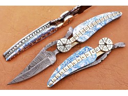 Damascus Leaf Folding Knife, 7.5"  Brass Bolster Long Clip Blade, Blue Resin Handle, Pocket Knife, Razor Sharp