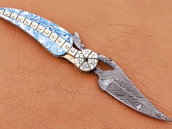 Damascus Leaf Folding Knife, 7.5"  Brass Bolster Long Clip Blade, Blue Resin Handle, Pocket Knife, Razor Sharp