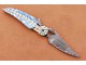 Damascus Leaf Folding Knife, 7.5"  Brass Bolster Long Clip Blade, Blue Resin Handle, Pocket Knife, Razor Sharp