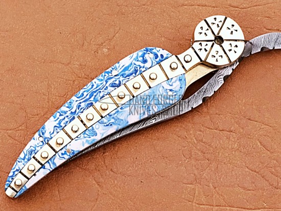Damascus Leaf Folding Knife, 7.5"  Brass Bolster Long Clip Blade, Blue Resin Handle, Pocket Knife, Razor Sharp