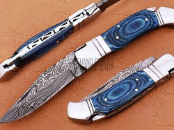 Damascus Back Lock Folding Knife, 7.5" Steel Bolster Point Blade, Blue Micarta Handle, Pocket Knife, Razor Sharp