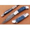 Damascus Back Lock Folding Knife, 7.5" Steel Bolster Point Blade, Blue Micarta Handle, Pocket Knife, Razor Sharp