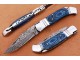 Damascus Back Lock Folding Knife, 7.5" Steel Bolster Point Blade, Blue Micarta Handle, Pocket Knife, Razor Sharp