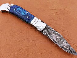 Damascus Back Lock Folding Knife, 7.5" Steel Bolster Point Blade, Blue Micarta Handle, Pocket Knife, Razor Sharp