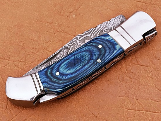 Damascus Back Lock Folding Knife, 7.5" Steel Bolster Point Blade, Blue Micarta Handle, Pocket Knife, Razor Sharp