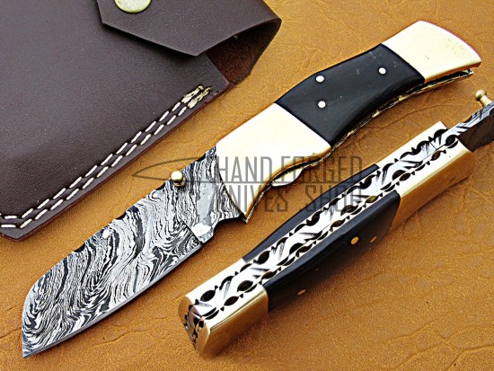 Damascus Folding Knife, 7.5" Brass Bolster Point Blade, Buffalo Horn Handle, Pocket Knife, Razor Sharp