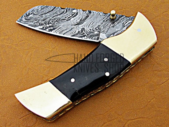 Damascus Folding Knife, 7.5" Brass Bolster Point Blade, Buffalo Horn Handle, Pocket Knife, Razor Sharp