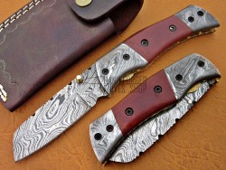 Damascus Folding Knife, 7.5" Damascus Steel Bolster Point Blade, Red Micarta Sheet Handle, Pocket Knife, Razor Sharp