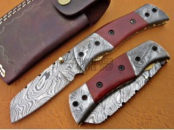 Damascus Folding Knife, 7.5" Damascus Steel Bolster Point Blade, Red Micarta Sheet Handle, Pocket Knife, Razor Sharp