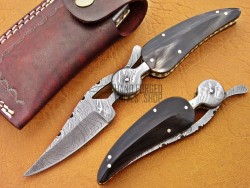 Damascus Leaf Folding Knife, 7.0" Damascus Steel Bolster Point Blade, Buffalo Horn Handle, Pocket Knife, Razor Sharp