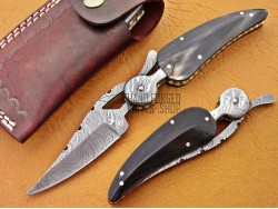 Damascus Leaf Folding Knife, 7.0" Damascus Steel Bolster Point Blade, Buffalo Horn Handle, Pocket Knife, Razor Sharp