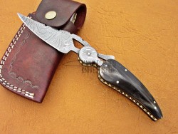 Damascus Leaf Folding Knife, 7.0" Damascus Steel Bolster Point Blade, Buffalo Horn Handle, Pocket Knife, Razor Sharp