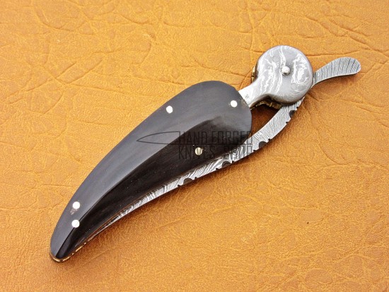 Damascus Leaf Folding Knife, 7.0" Damascus Steel Bolster Point Blade, Buffalo Horn Handle, Pocket Knife, Razor Sharp