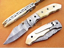 Damascus Folding Pocket Clip Knife, 7.0" Damascus Steel Bolster Clip Point Blade, Camel Bone Handle, Pocket Knife, Razor Sharp