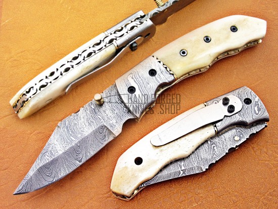 Damascus Folding Pocket Clip Knife, 7.0" Damascus Steel Bolster Clip Point Blade, Camel Bone Handle, Pocket Knife, Razor Sharp