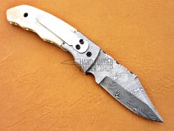 Damascus Folding Pocket Clip Knife, 7.0" Damascus Steel Bolster Clip Point Blade, Camel Bone Handle, Pocket Knife, Razor Sharp