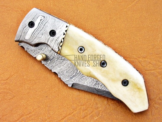 Damascus Folding Pocket Clip Knife, 7.0" Damascus Steel Bolster Clip Point Blade, Camel Bone Handle, Pocket Knife, Razor Sharp
