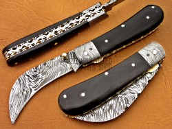 Damascus Folding Knife, 7.5" Damascus Steel Bolster Point Blade, Buffalo Horn Handle, Pocket Knife, Razor Sharp