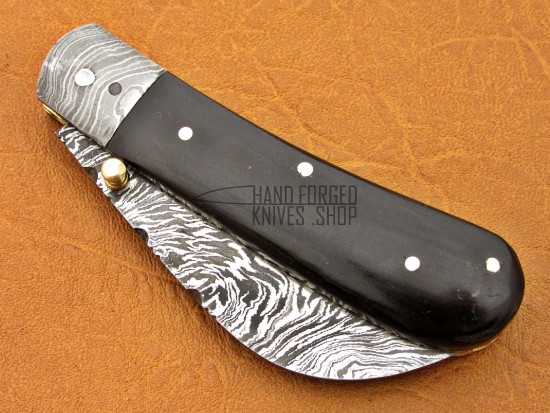 Damascus Folding Knife, 7.5" Damascus Steel Bolster Point Blade, Buffalo Horn Handle, Pocket Knife, Razor Sharp