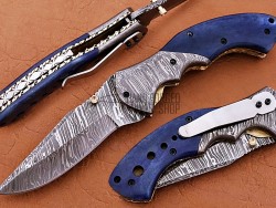 Damascus Folding Pocket Clip  Knife, 8" Damascus Steel Bolster Point Blade, Blue Color Bone Handle, Pocket Knife, Razor Sharp