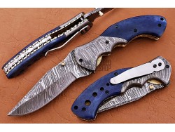 Damascus Folding Pocket Clip  Knife, 8" Damascus Steel Bolster Point Blade, Blue Color Bone Handle, Pocket Knife, Razor Sharp