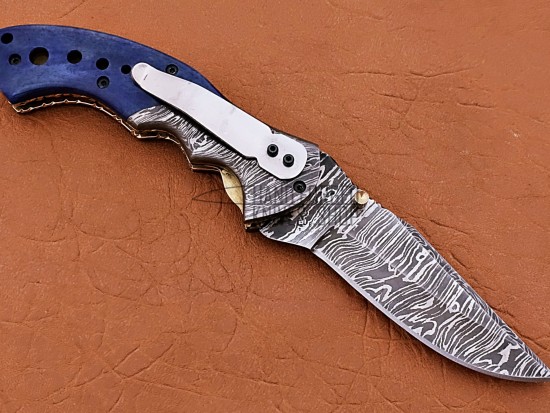 Damascus Folding Pocket Clip  Knife, 8" Damascus Steel Bolster Point Blade, Blue Color Bone Handle, Pocket Knife, Razor Sharp