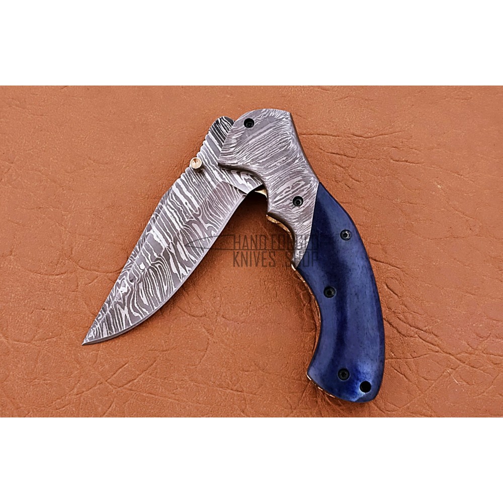 Damascus Folding Pocket Clip Knife, 8" Damascus Steel Bolster Point