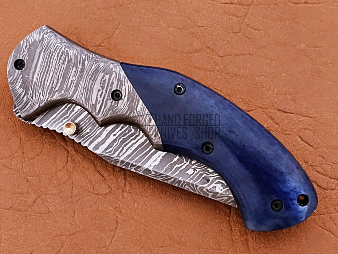 Damascus Folding Pocket Clip Knife, 8" Damascus Steel Bolster Point