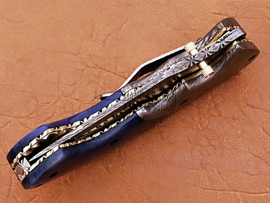 Damascus Folding Pocket Clip  Knife, 8" Damascus Steel Bolster Point Blade, Blue Color Bone Handle, Pocket Knife, Razor Sharp