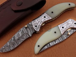Damascus Folding Knife, 8" Handwork Steel Bolster Point Blade, White G10 Handle, Pocket Knife, Razor Sharp