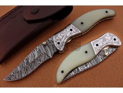 Damascus Folding Knife, 8" Handwork Steel Bolster Point Blade, White G10 Handle, Pocket Knife, Razor Sharp