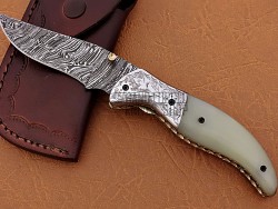 Damascus Folding Knife, 8" Handwork Steel Bolster Point Blade, White G10 Handle, Pocket Knife, Razor Sharp