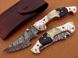 Damascus Folding Knife, 8" Handwork Brass Steel Bolster Point Blade, Camel Bone, Buffalo Horn Handle, Pocket Knife, Razor Sharp