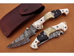 Damascus Folding Knife, 8" Handwork Brass Steel Bolster Point Blade, Camel Bone, Buffalo Horn Handle, Pocket Knife, Razor Sharp