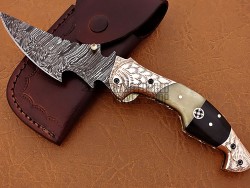 Damascus Folding Knife, 8" Handwork Brass Steel Bolster Point Blade, Camel Bone, Buffalo Horn Handle, Pocket Knife, Razor Sharp
