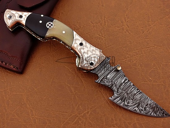 Damascus Folding Knife, 8" Handwork Brass Steel Bolster Point Blade, Camel Bone, Buffalo Horn Handle, Pocket Knife, Razor Sharp