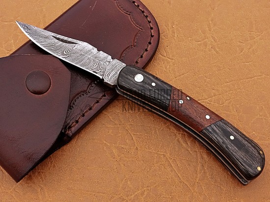 Damascus Back Lock Folding Knife, 7.0" Black Micarta, Wood Handle, Pocket Knife, Razor Sharp