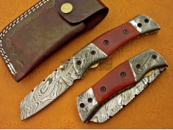 Damascus Tanto Blade Folding Knife, 8" Damascus Bolster, Red Micarta Handle