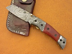 Damascus Tanto Blade Folding Knife, 8" Damascus Bolster, Red Micarta Handle